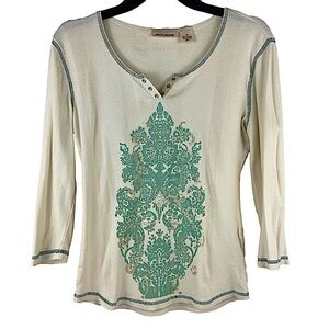 DKNY Cream Long Sleeve Henley Top with Teal Print